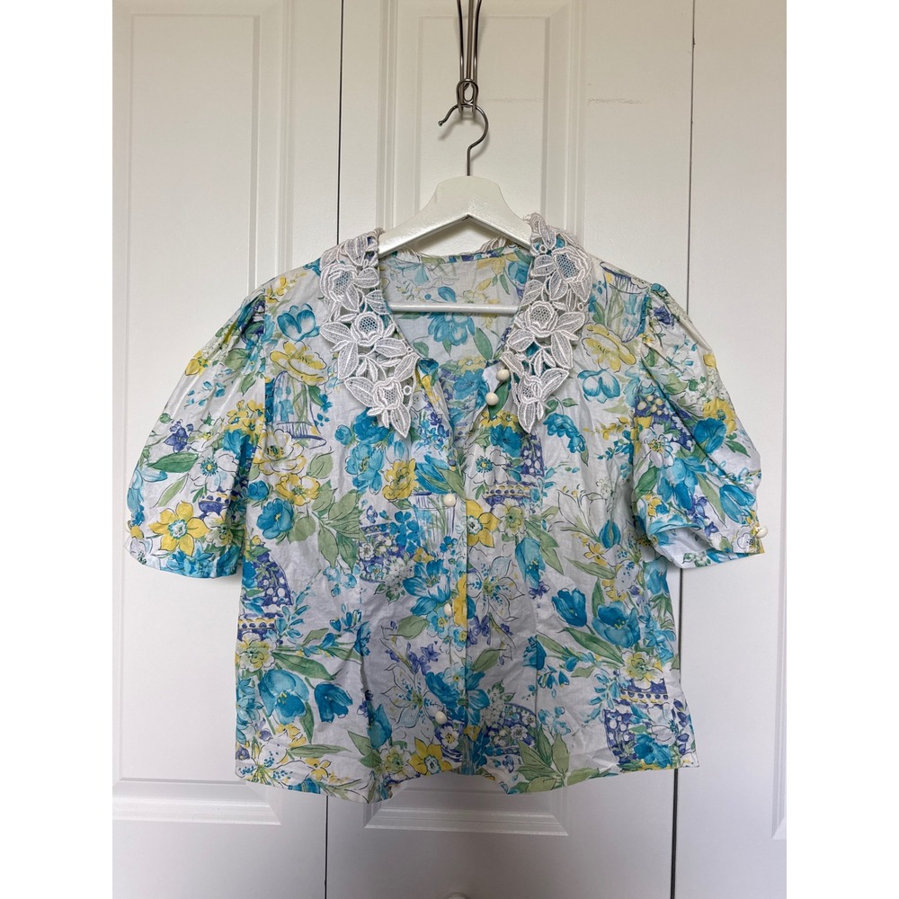 Vintage Floral Lace Collar Blouse France Cotton Puff Sleeve Blue Yellow Top